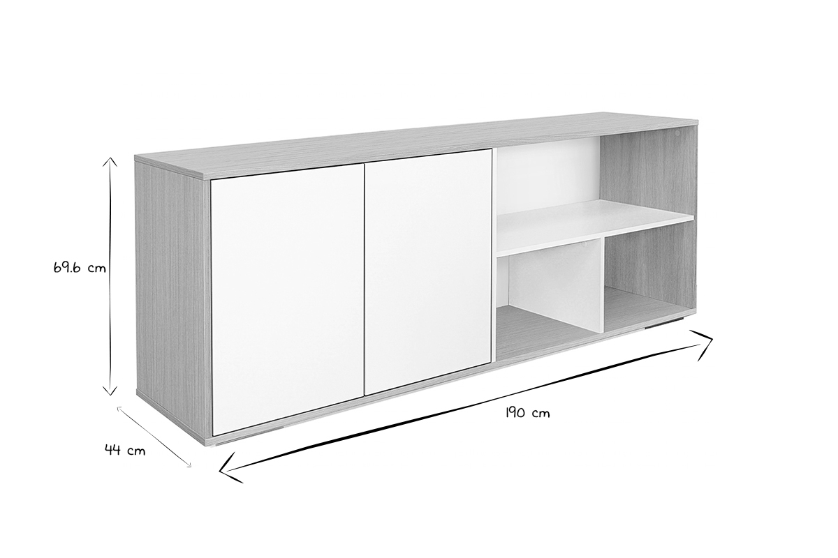 Skandinavisches niedriges Sideboard in Wei und hellem Holz aus massiver Eiche B190 cm EZIA