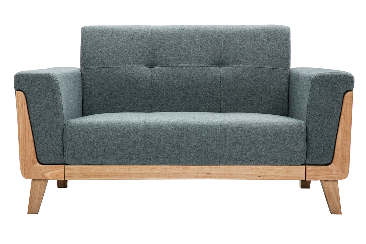 Skandinavisches Sofa 2-Sitzer aus graugrnem Stoff und hellem Holz FJORD