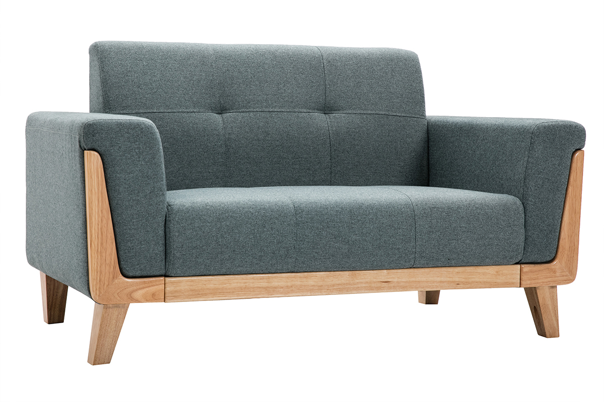 Skandinavisches Sofa 2-Sitzer aus graugrnem Stoff und hellem Holz FJORD