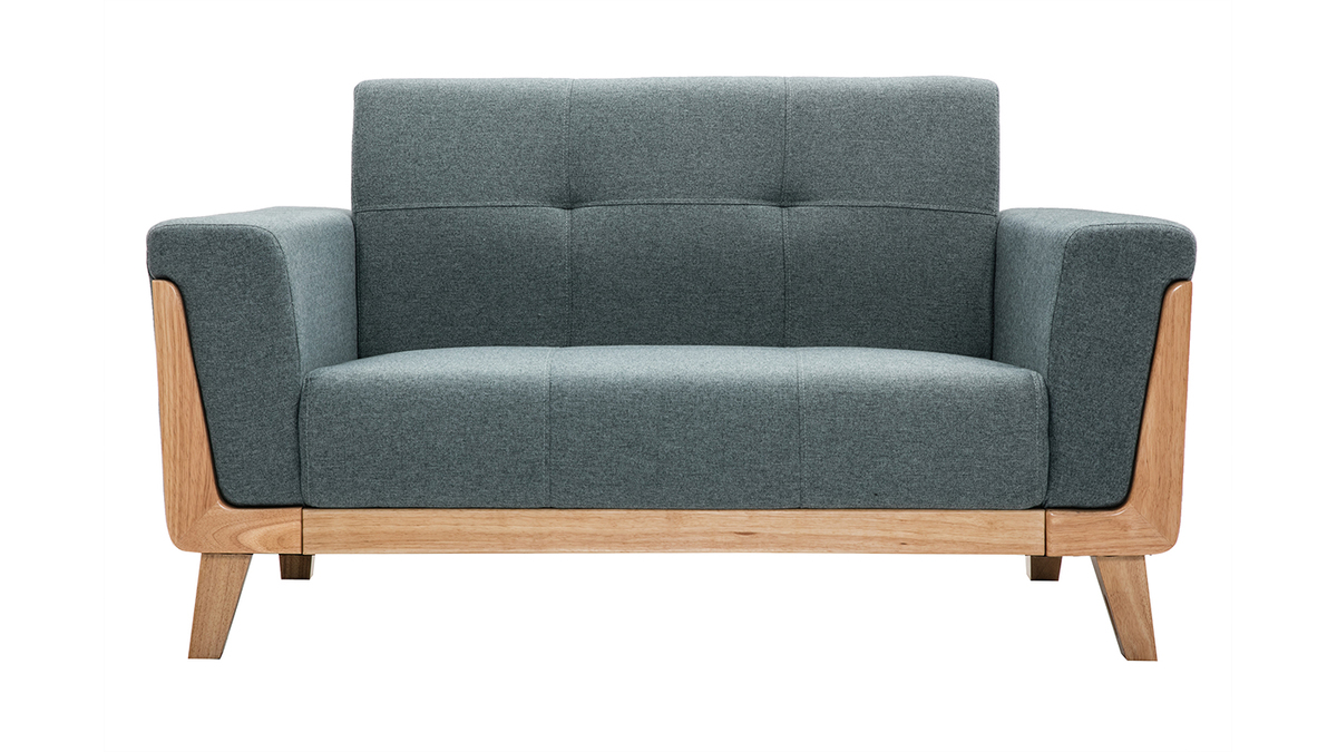 Skandinavisches Sofa 2-Sitzer aus graugrnem Stoff und hellem Holz FJORD