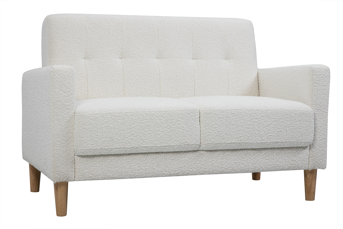 Skandinavisches Sofa 2-Sitzer aus weiem Stoff mit Woll-Effekt und hellem Holz MOON