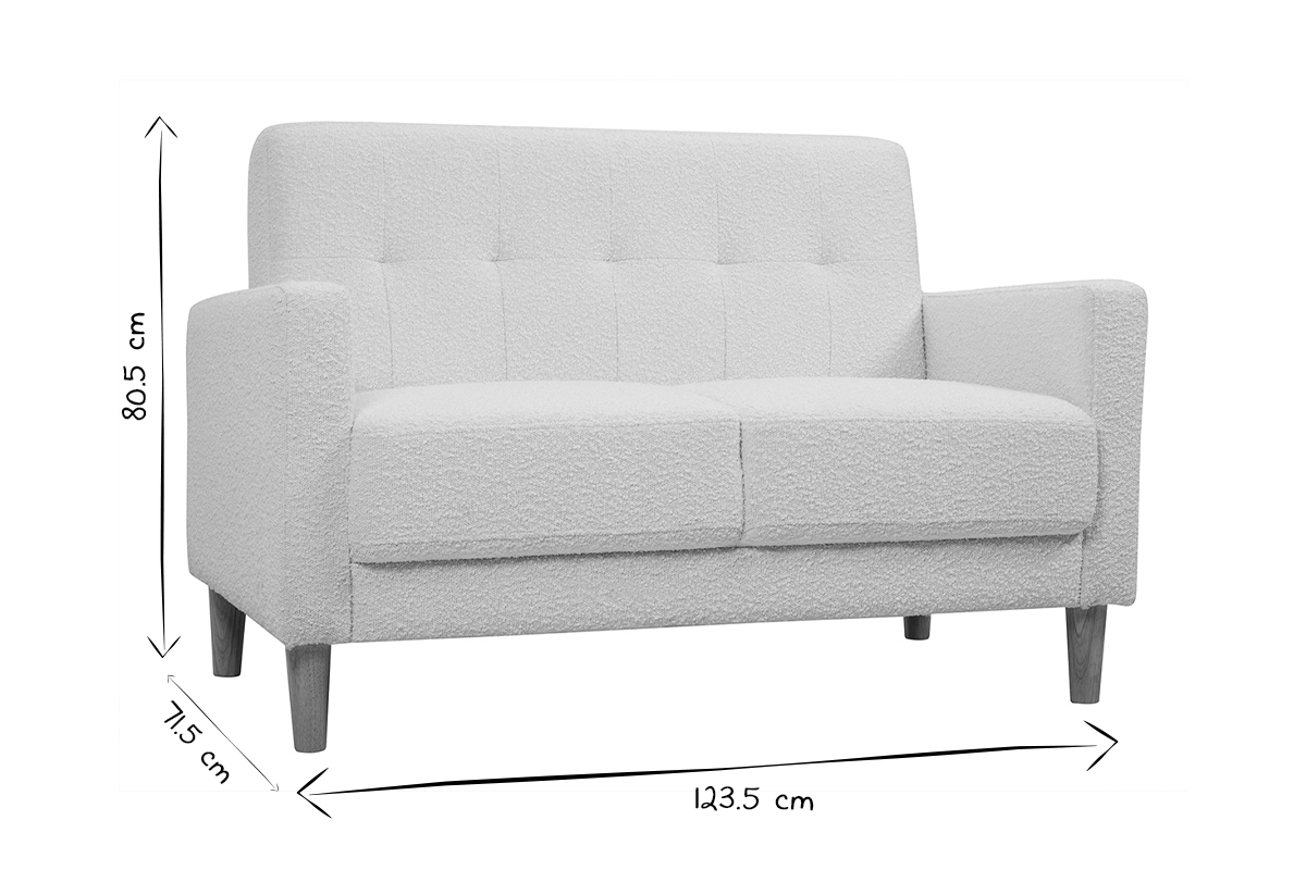 Skandinavisches Sofa 2-Sitzer aus weiem Stoff mit Woll-Effekt und hellem Holz MOON