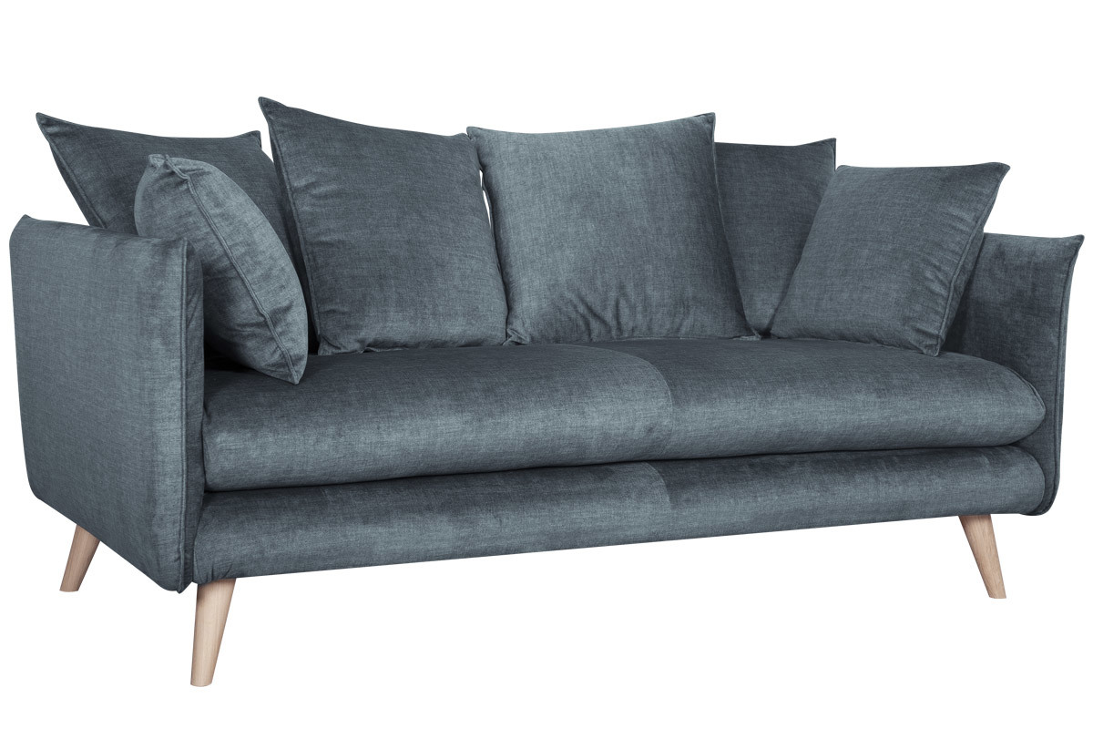 Skandinavisches Sofa 3-Sitzer aus blaugrauem Stoff und hellem Holz OLYMPIA