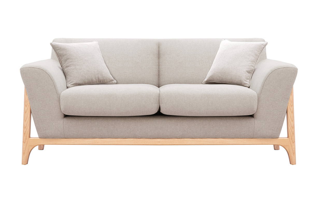 Skandinavisches Sofa aus beigem Stoff mit Samteffekt und Eschenholz 2-Sitzer ASAKO