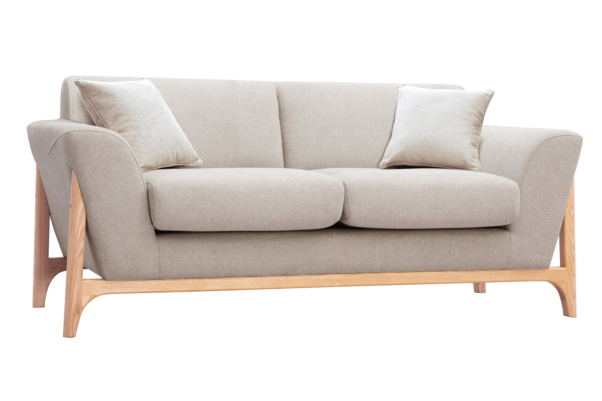 Skandinavisches Sofa aus beigem Stoff mit Samteffekt und Eschenholz 2-Sitzer ASAKO