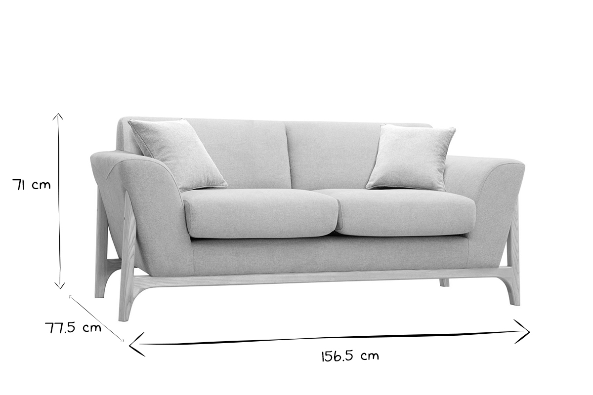 Skandinavisches Sofa aus beigem Stoff mit Samteffekt und Eschenholz 2-Sitzer ASAKO