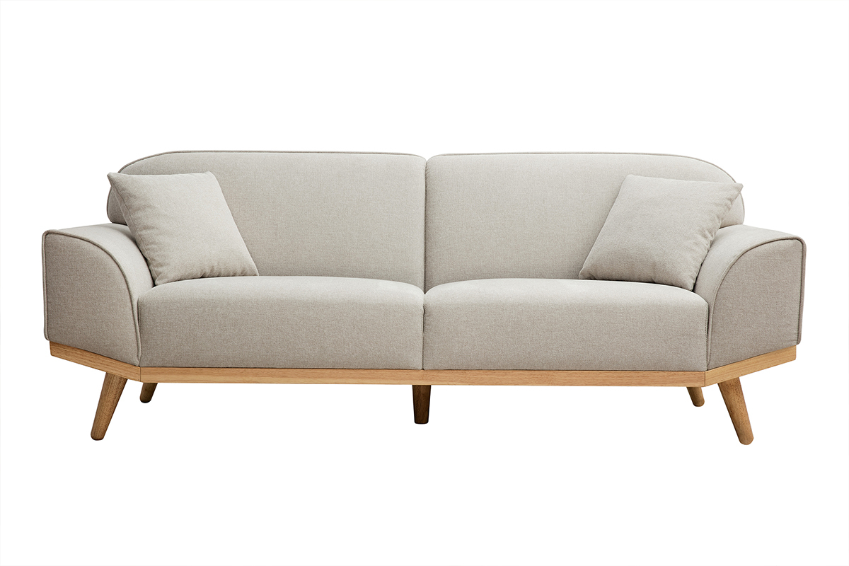 Skandinavisches Sofa aus beigem Stoff mit Samteffekt und hellem Holz 3-Sitzer FREEMA