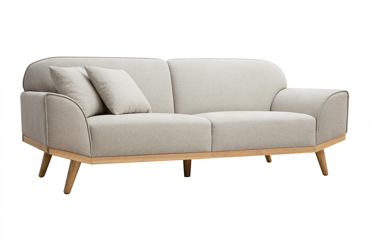 Skandinavisches Sofa aus beigem Stoff mit Samteffekt und hellem Holz 3-Sitzer FREEMA