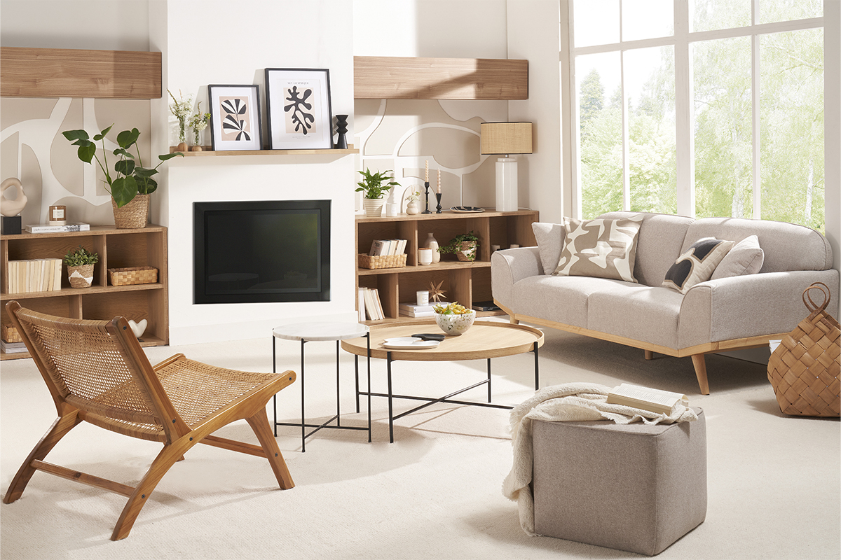 Skandinavisches Sofa aus beigem Stoff mit Samteffekt und hellem Holz 3-Sitzer FREEMA