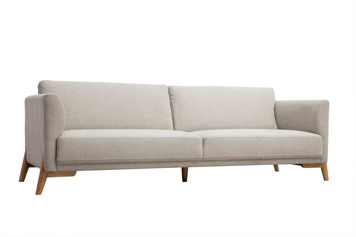 Skandinavisches Sofa aus beigem Stoff mit Samteffekt und hellem Holz 4-Sitzer SINDRO