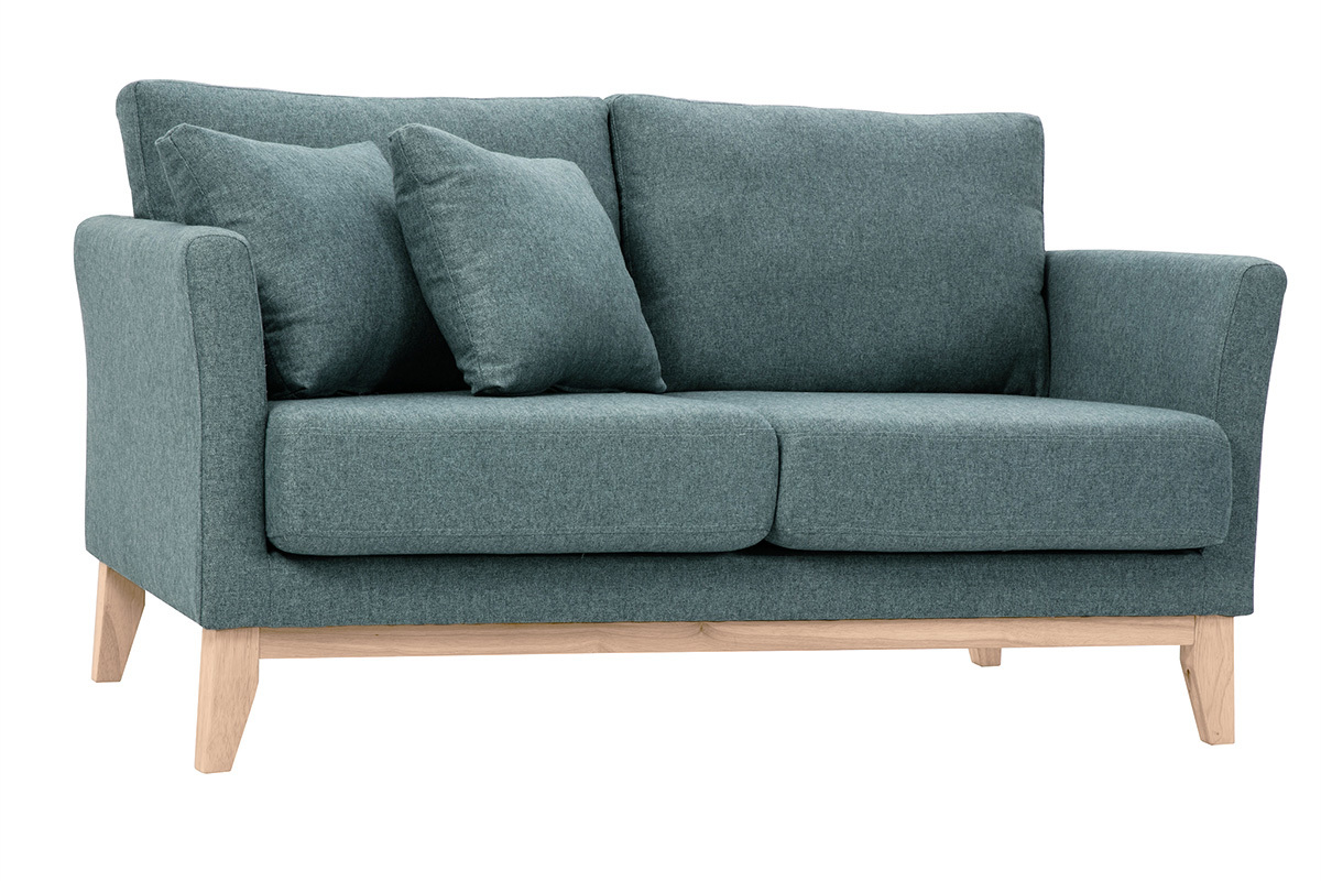 Skandinavisches Sofa aus graugrnem Stoff mit Samteffekt und hellem Holz 2-Sitzer OSLO