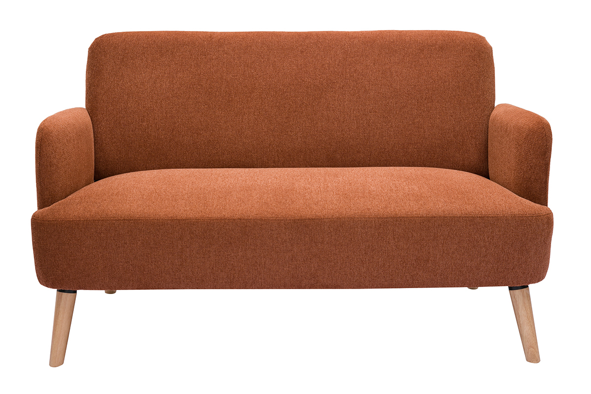 Skandinavisches Sofa aus rostbraunem Stoff mit Samteffekt und hellem Holz 2-Sitzer ISKO