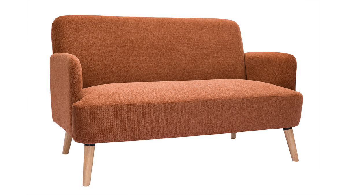 Skandinavisches Sofa aus rostbraunem Stoff mit Samteffekt und hellem Holz 2-Sitzer ISKO