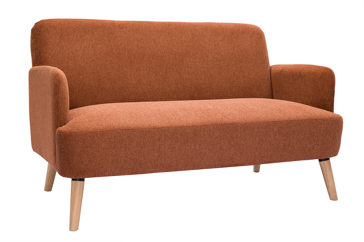 Skandinavisches Sofa aus rostbraunem Stoff mit Samteffekt und hellem Holz 2-Sitzer ISKO