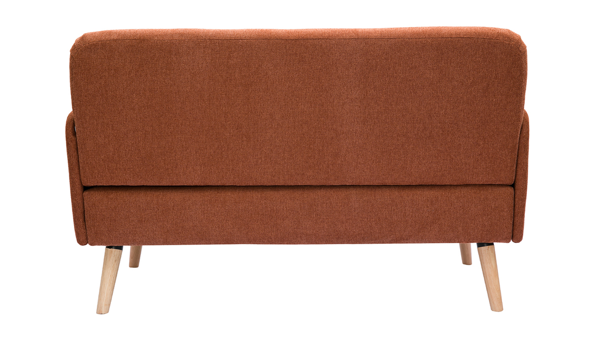 Skandinavisches Sofa aus rostbraunem Stoff mit Samteffekt und hellem Holz 2-Sitzer ISKO