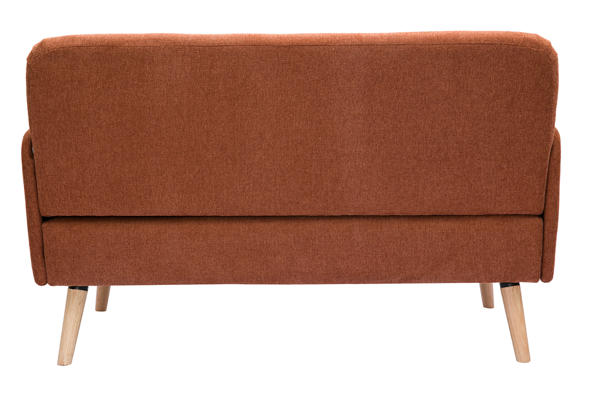 Skandinavisches Sofa aus rostbraunem Stoff mit Samteffekt und hellem Holz 2-Sitzer ISKO