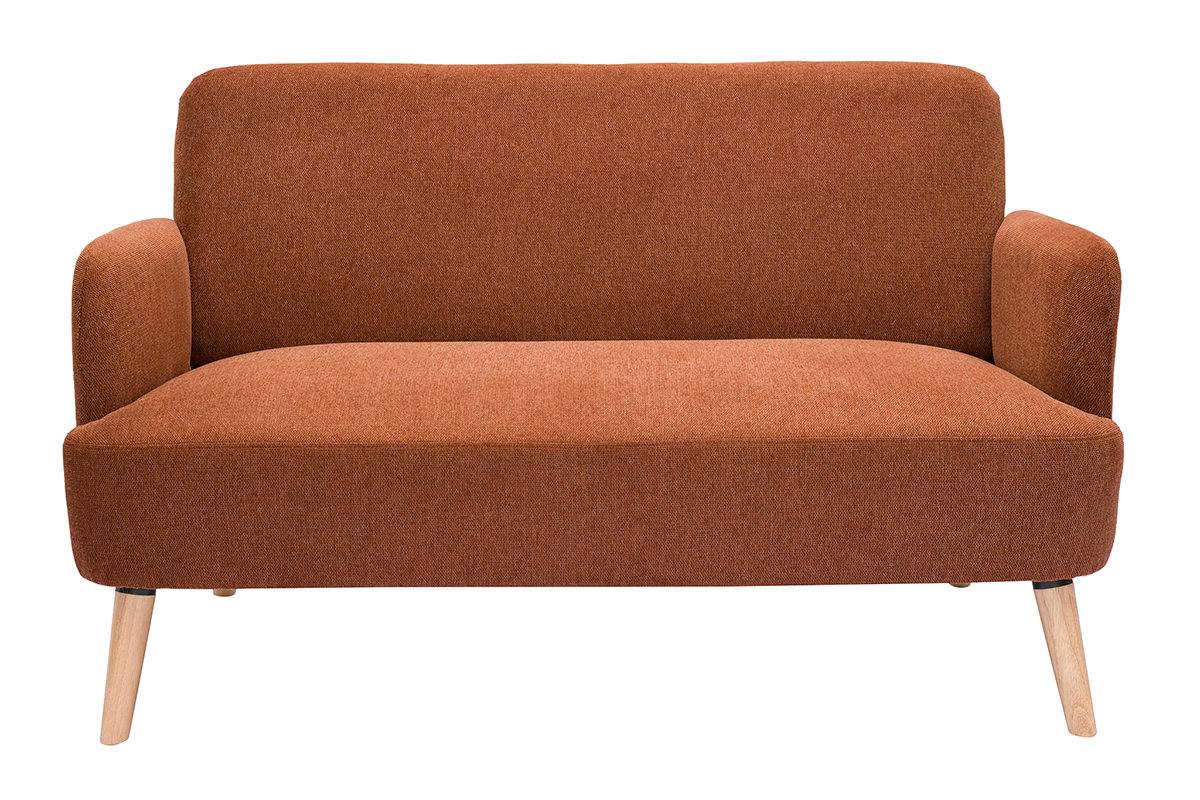 Skandinavisches Sofa aus rostbraunem Stoff mit Samteffekt und hellem Holz 2-Sitzer ISKO