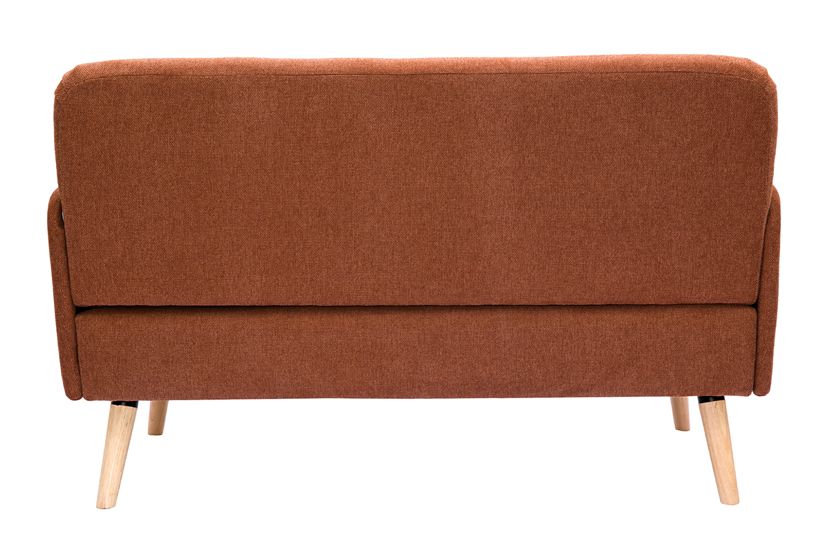 Skandinavisches Sofa aus rostbraunem Stoff mit Samteffekt und hellem Holz 2-Sitzer ISKO