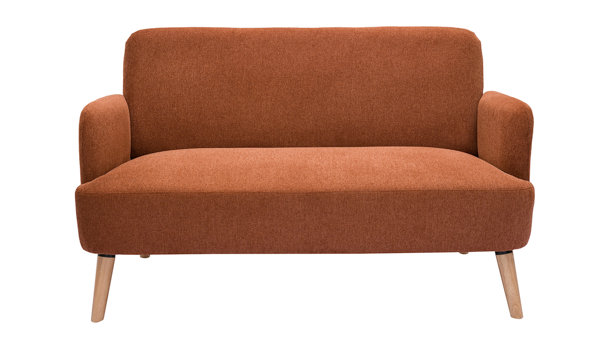 Skandinavisches Sofa aus rostbraunem Stoff mit Samteffekt und hellem Holz 2-Sitzer ISKO