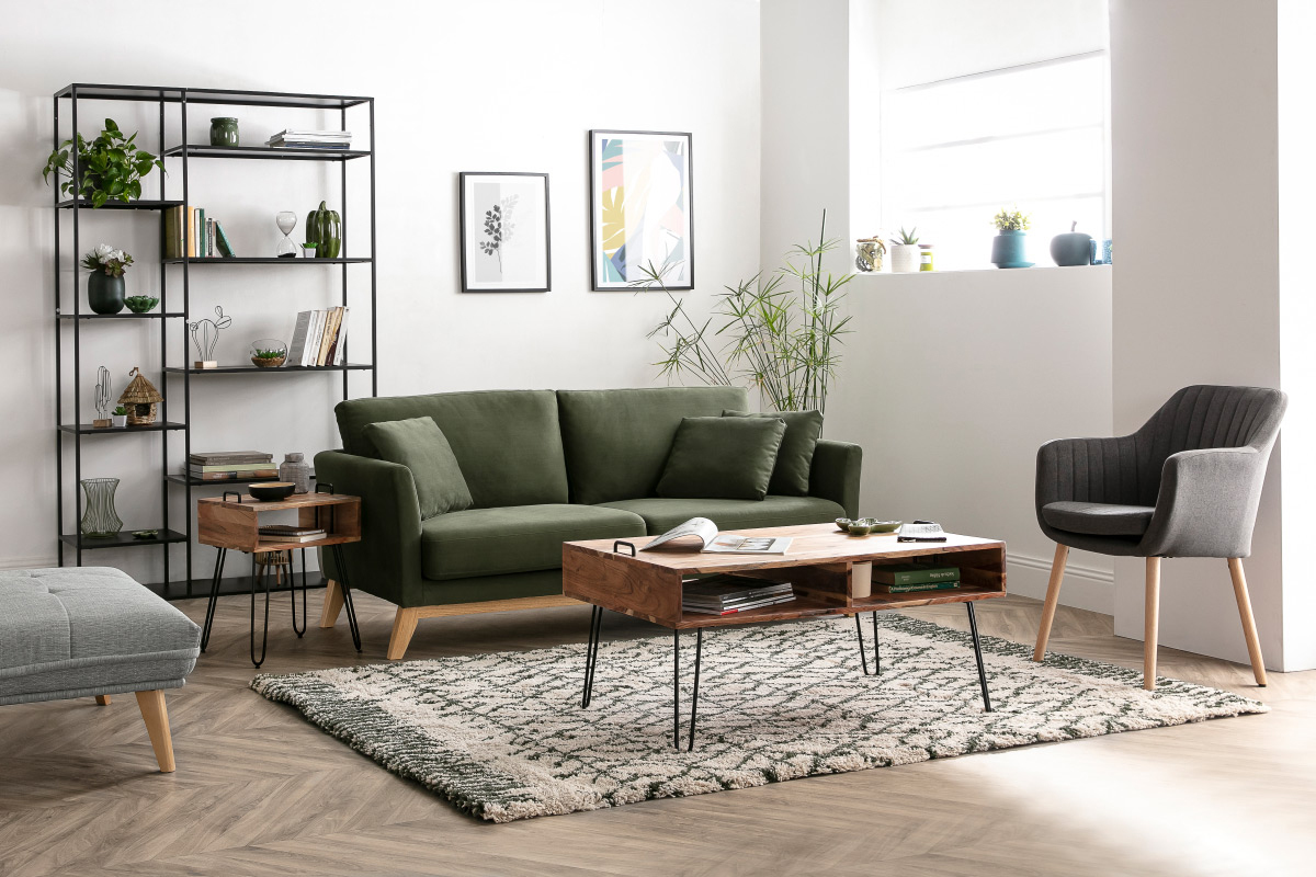 Skandinavisches Sofa aus terracottafarbenem Stoff mit Samteffekt, abnehmbarem Bezug und hellem Holz 3-Sitzer OSLO