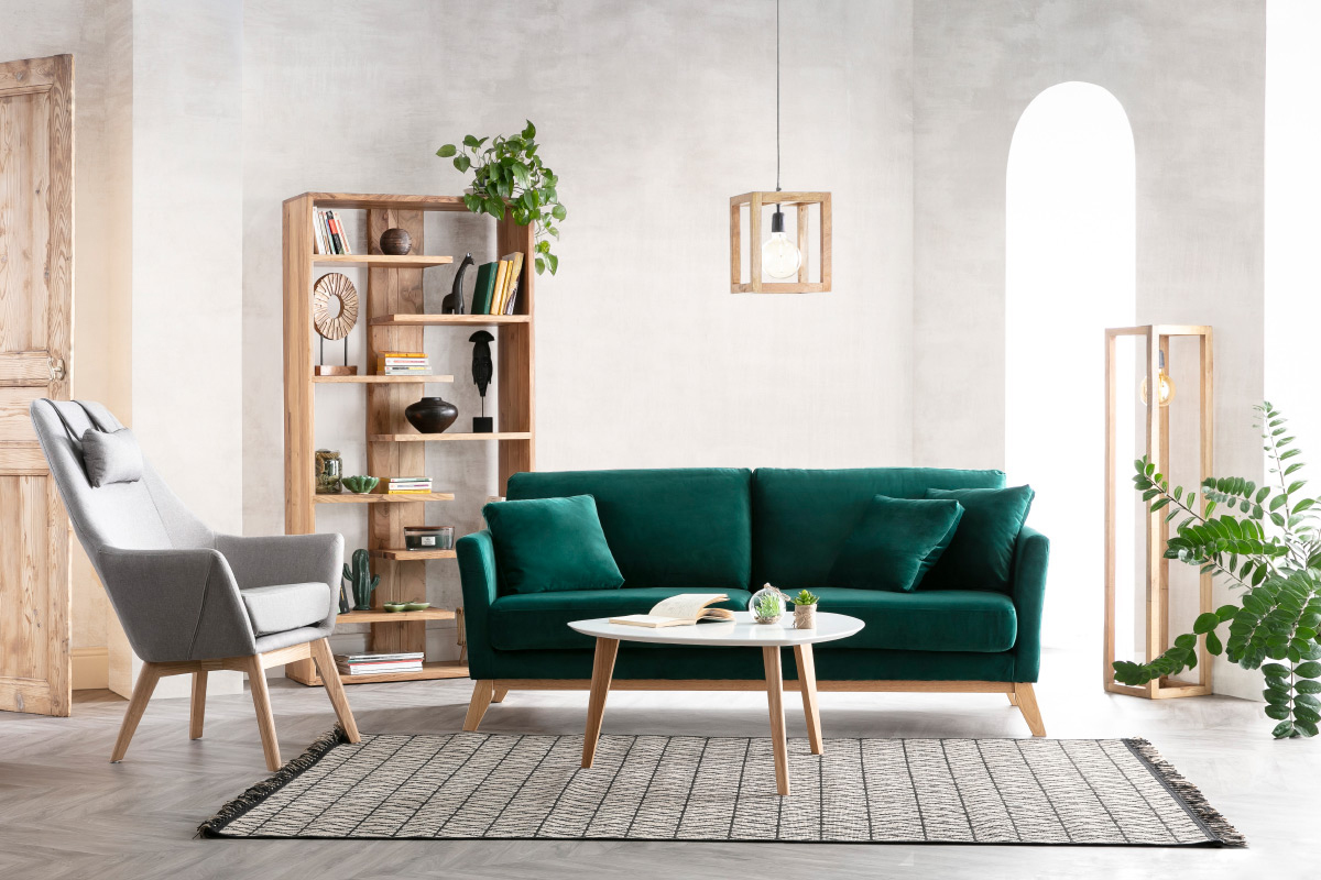 Skandinavisches Sofa aus terracottafarbenem Stoff mit Samteffekt, abnehmbarem Bezug und hellem Holz 3-Sitzer OSLO