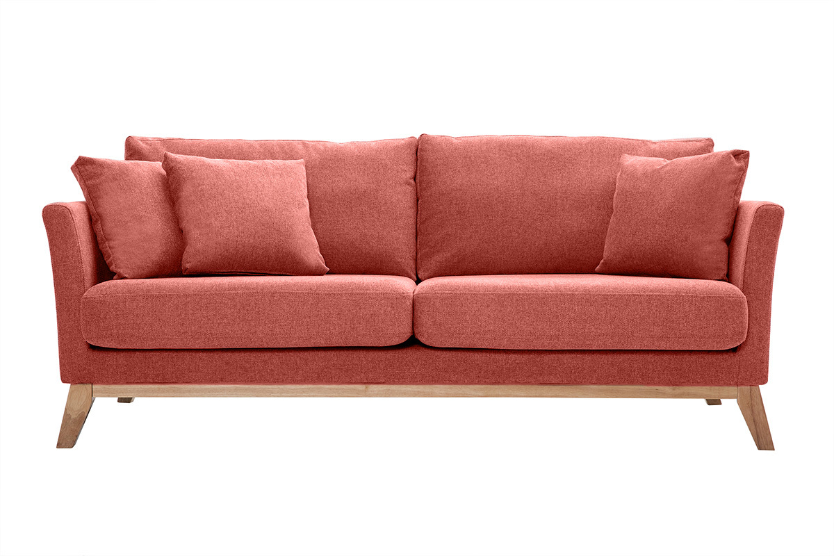 Skandinavisches Sofa aus terracottafarbenem Stoff mit Samteffekt, abnehmbarem Bezug und hellem Holz 3-Sitzer OSLO