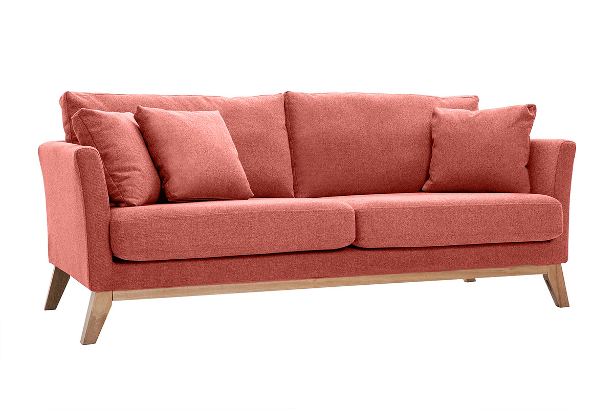 Skandinavisches Sofa aus terracottafarbenem Stoff mit Samteffekt, abnehmbarem Bezug und hellem Holz 3-Sitzer OSLO