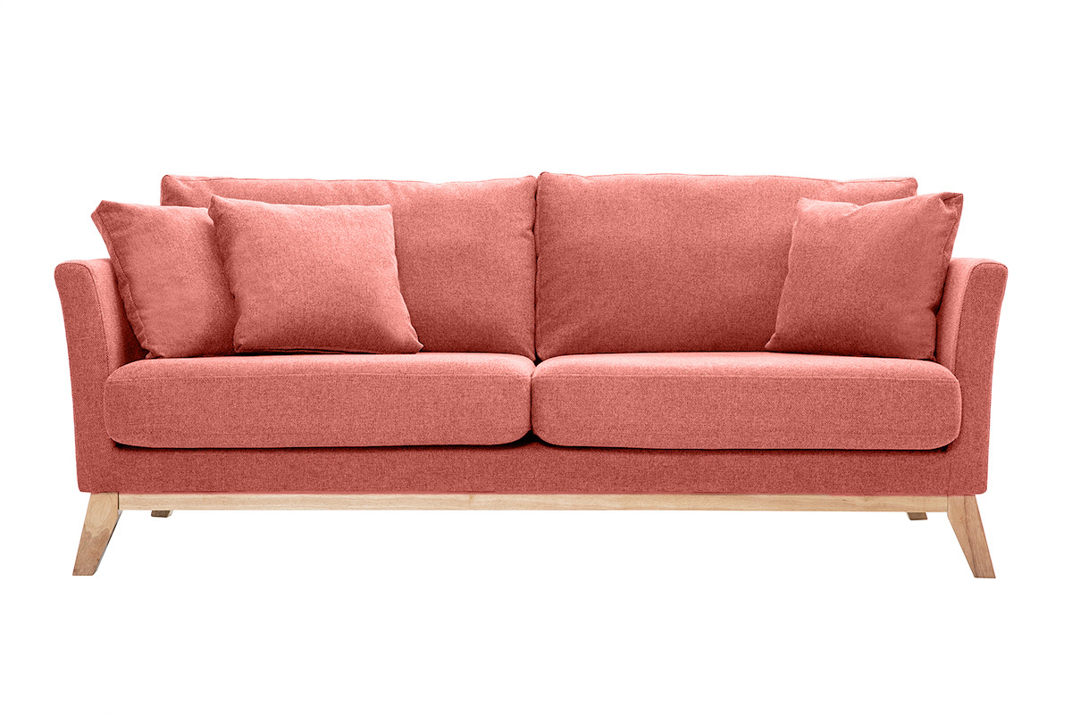 Skandinavisches Sofa aus terracottafarbenem Stoff mit Samteffekt, abnehmbarem Bezug und hellem Holz 3-Sitzer OSLO