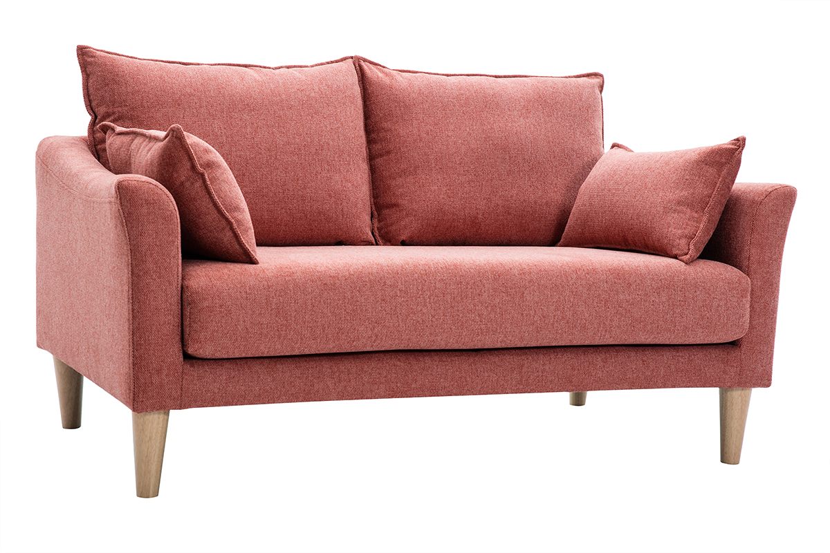 Skandinavisches Sofa aus terracottafarbenem Stoff mit Samteffekt und hellem Holz 2-Sitzer KATE