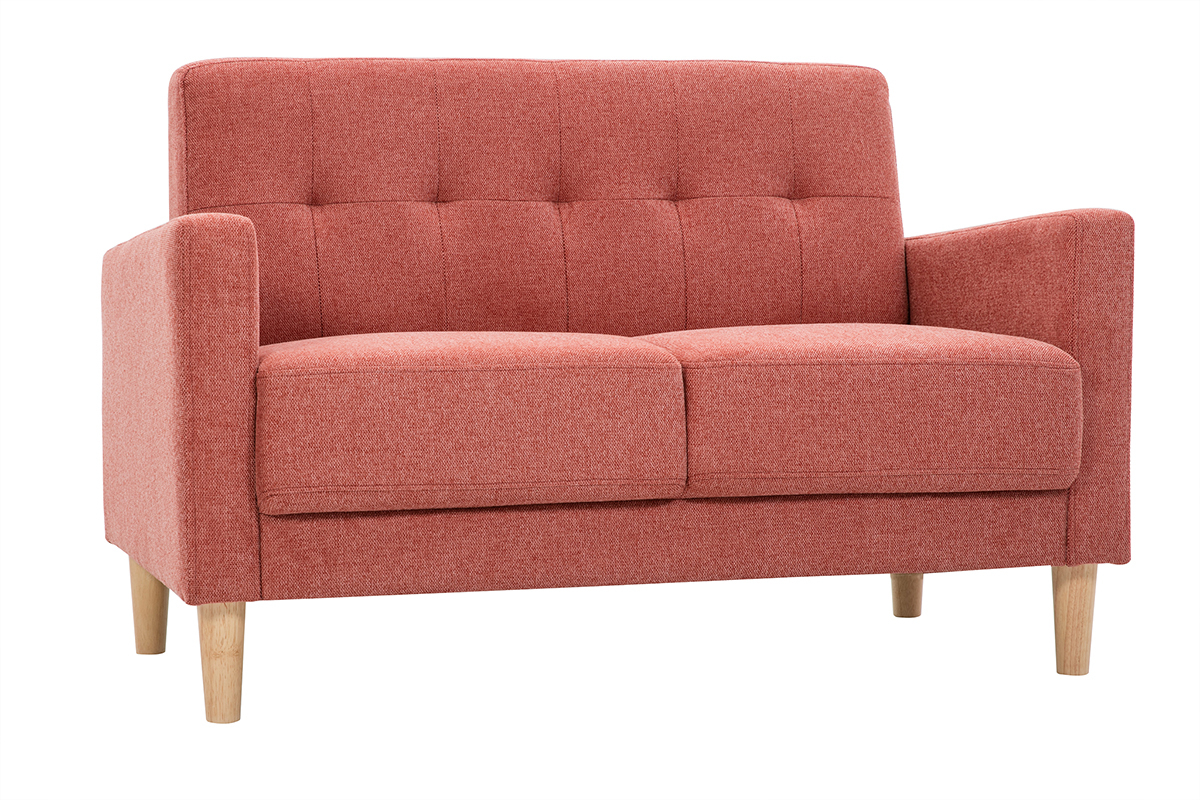 Skandinavisches Sofa aus terracottafarbenem Stoff mit Samteffekt und hellem Holz 2-Sitzer MOON