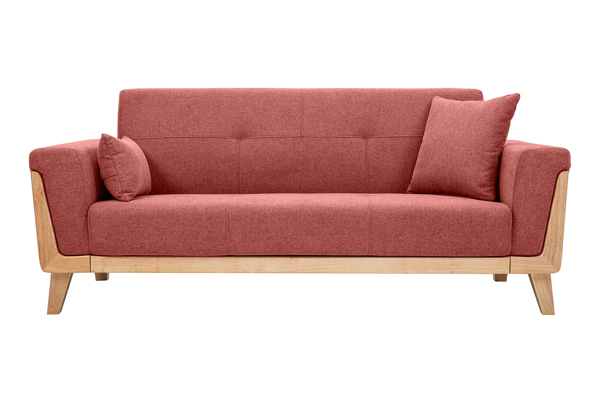 Skandinavisches Sofa aus terracottafarbenem Stoff mit Samteffekt und hellem Holz 3-Sitzer FJORD