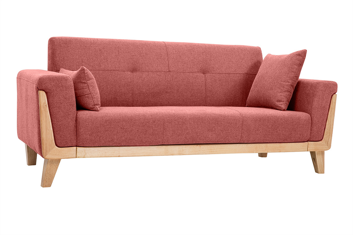 Skandinavisches Sofa aus terracottafarbenem Stoff mit Samteffekt und hellem Holz 3-Sitzer FJORD