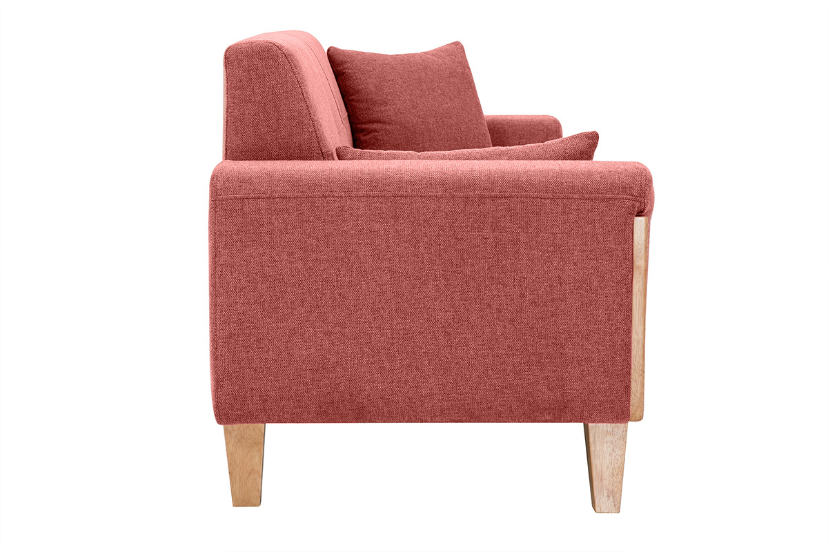 Skandinavisches Sofa aus terracottafarbenem Stoff mit Samteffekt und hellem Holz 3-Sitzer FJORD