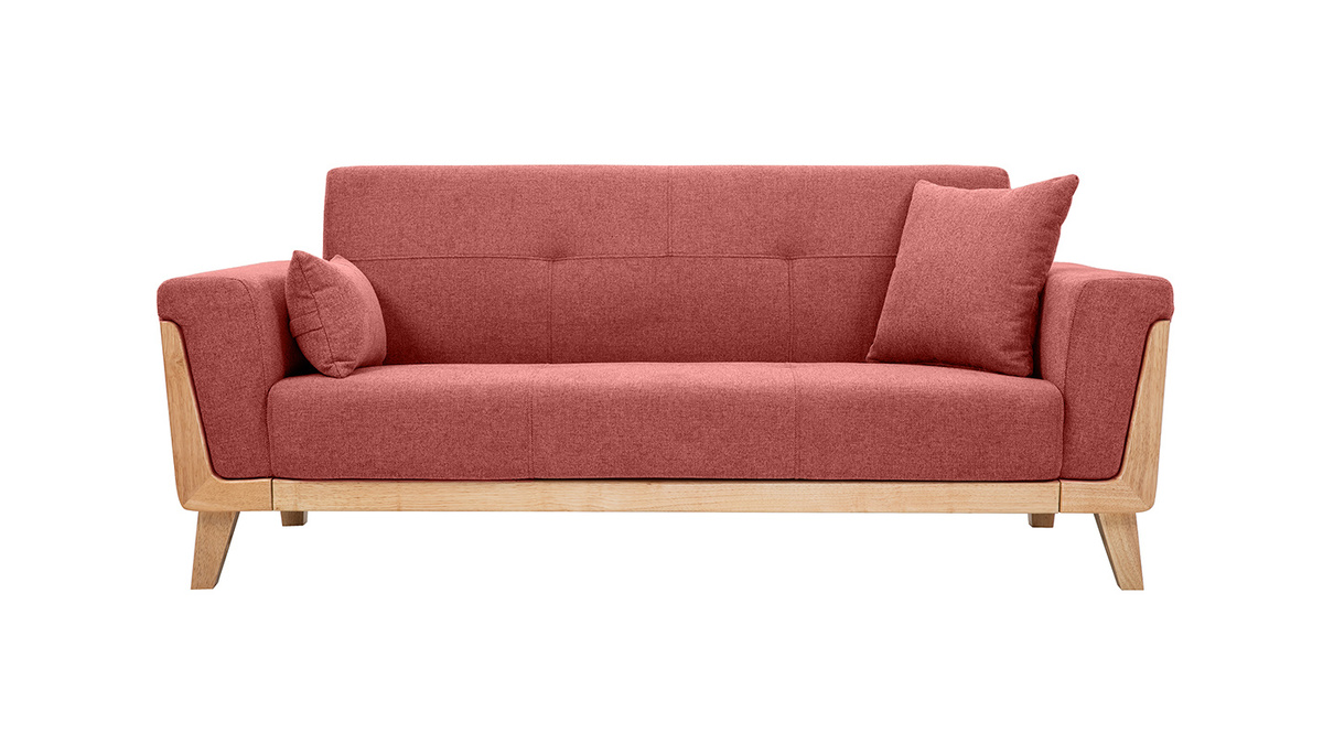 Skandinavisches Sofa aus terracottafarbenem Stoff mit Samteffekt und hellem Holz 3-Sitzer FJORD