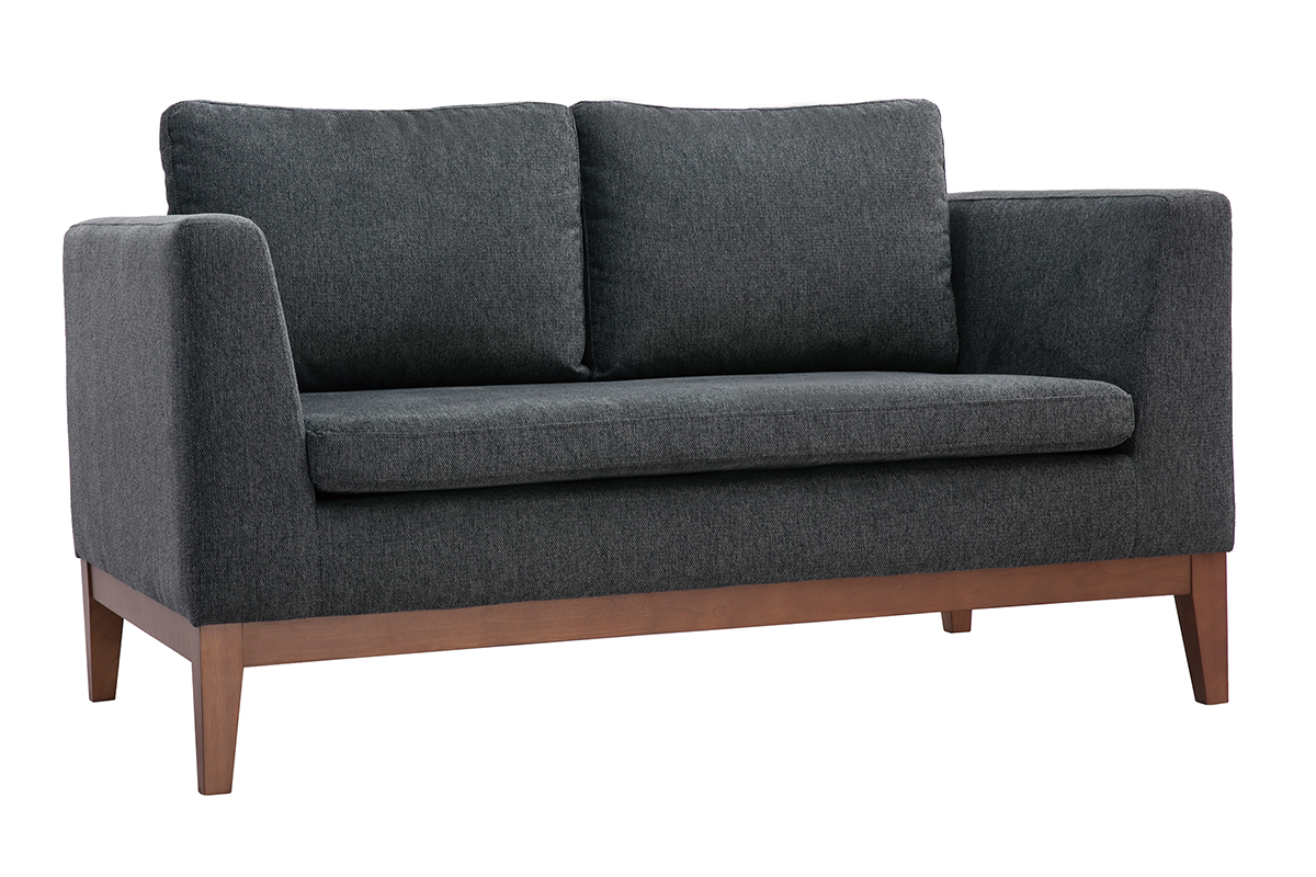 Skandinavisches Sofa mit dunkelgrauem Stoff mit Samteffekt und dunklem Holz 2-Sitzer SHIRO