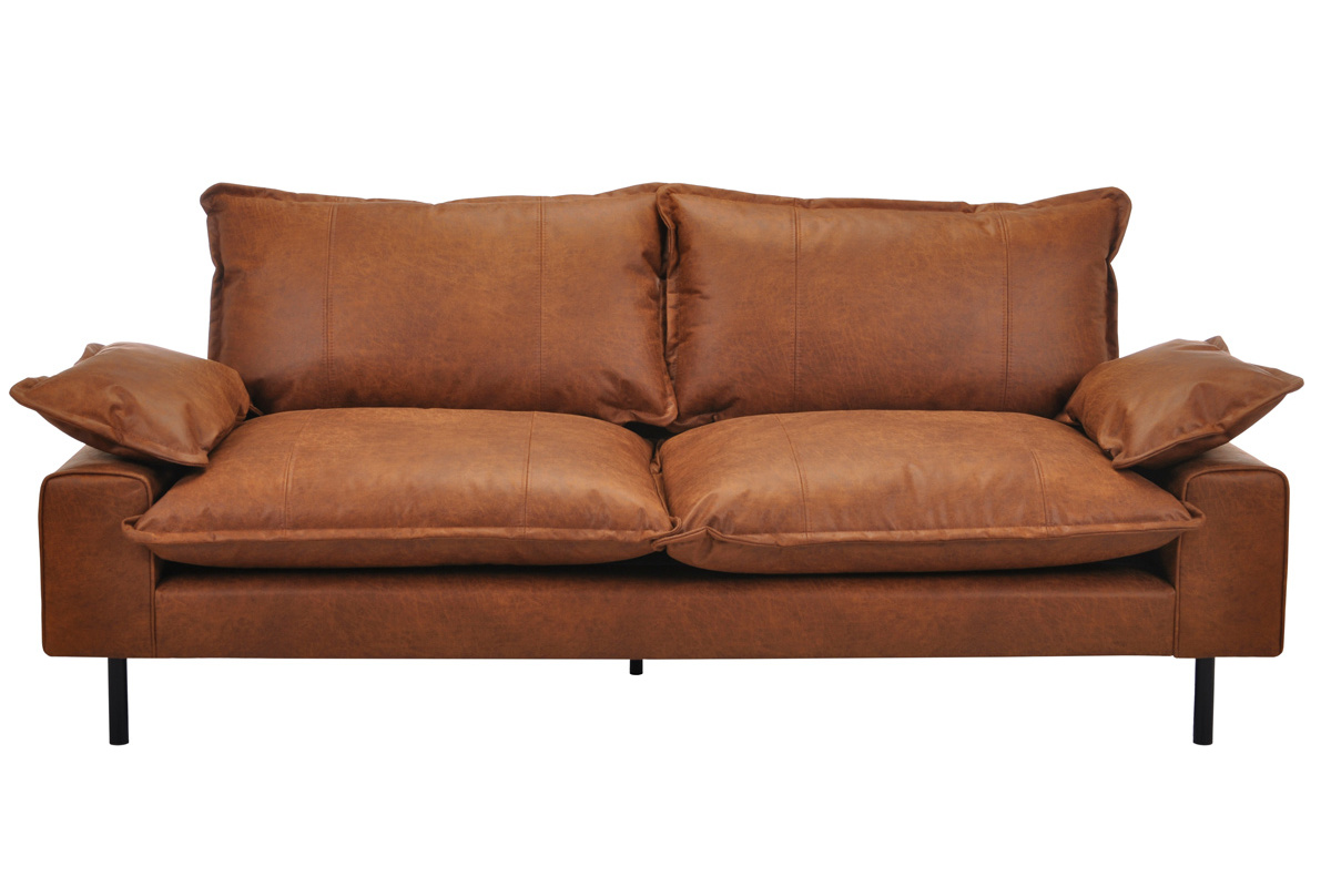 Sofa aus Leder in Antikoptik in Cognacbraun und schwarzem Metall 3-Sitzer DORY