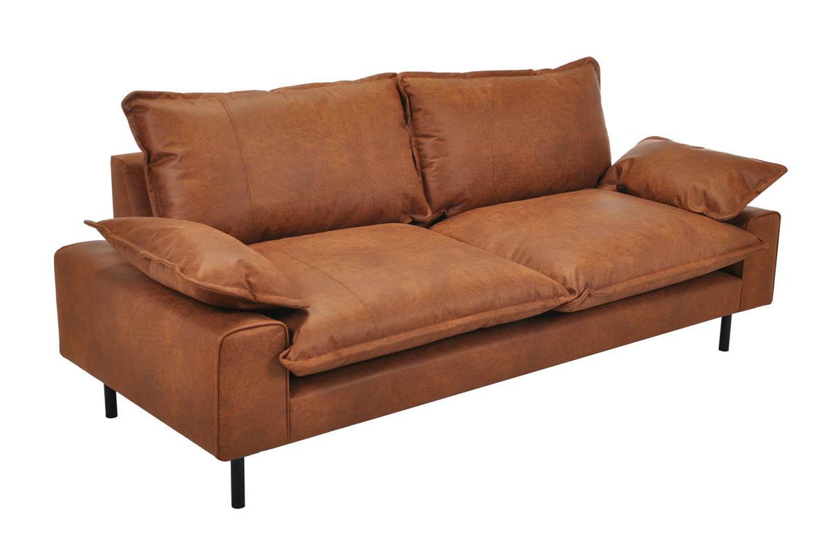 Sofa aus Leder in Antikoptik in Cognacbraun und schwarzem Metall 3-Sitzer DORY