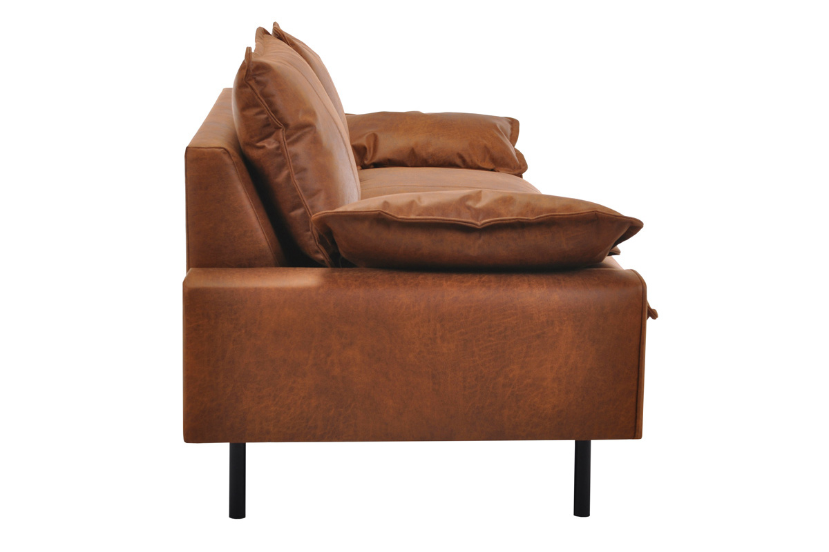 Sofa aus Leder in Antikoptik in Cognacbraun und schwarzem Metall 3-Sitzer DORY