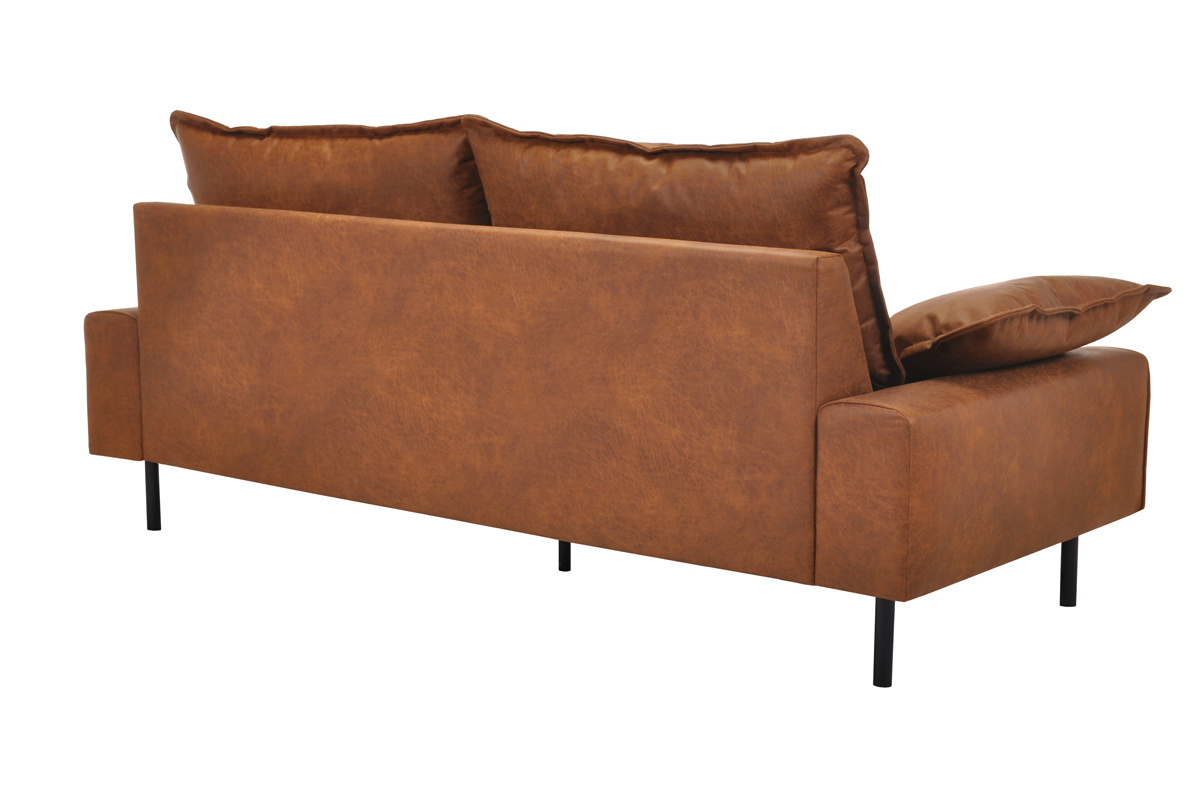 Sofa aus Leder in Antikoptik in Cognacbraun und schwarzem Metall 3-Sitzer DORY