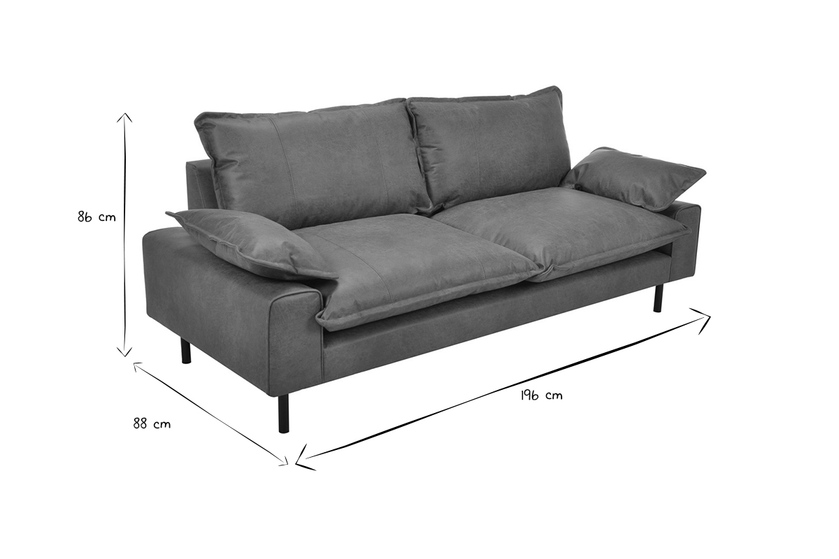 Sofa aus Leder in Antikoptik in Cognacbraun und schwarzem Metall 3-Sitzer DORY