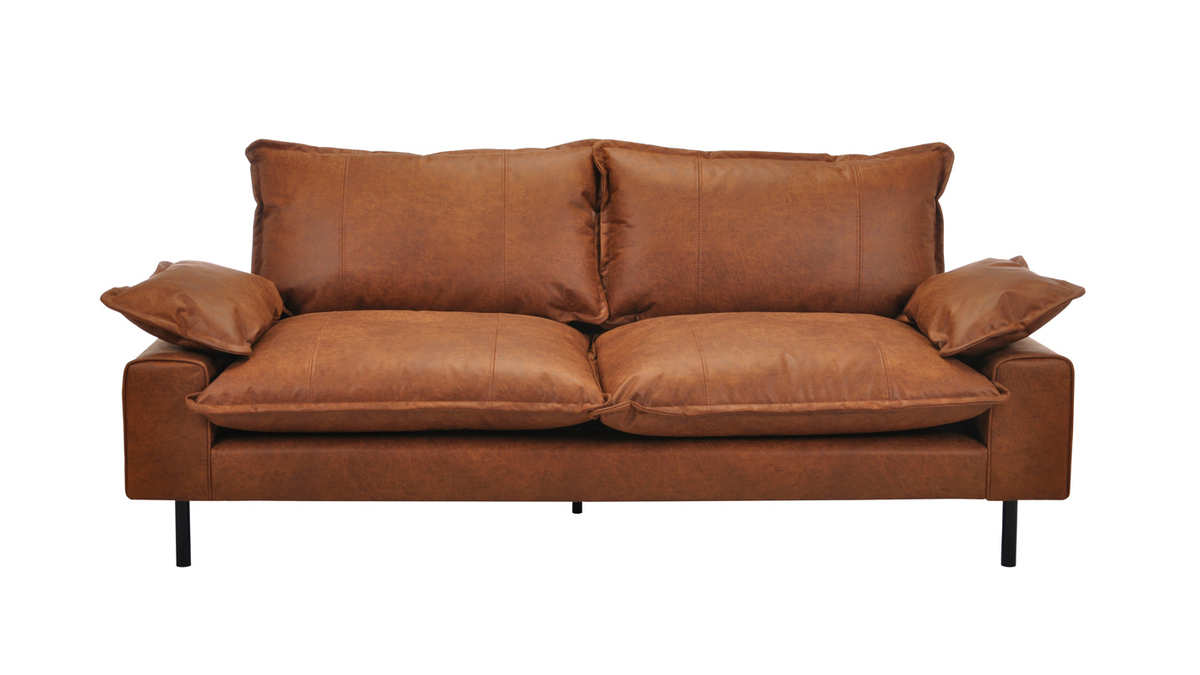 Sofa aus Leder in Antikoptik in Cognacbraun und schwarzem Metall 3-Sitzer DORY