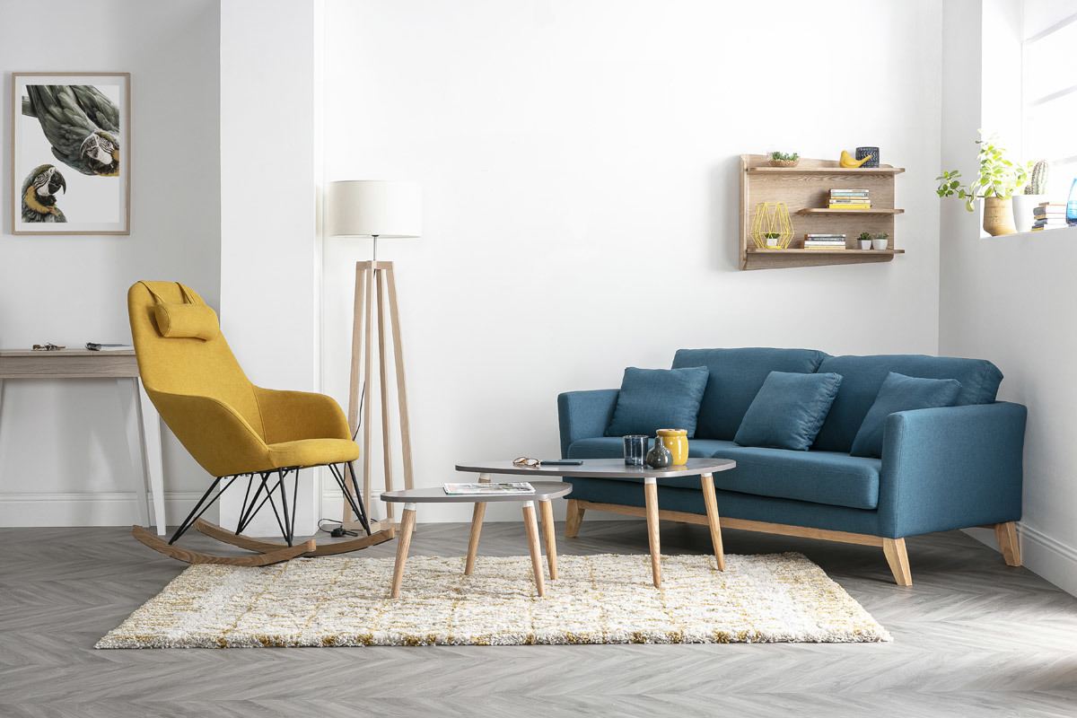 Sofa skandinavisch 3 Pltze Miliboo-Blau Holzbeine OSLO