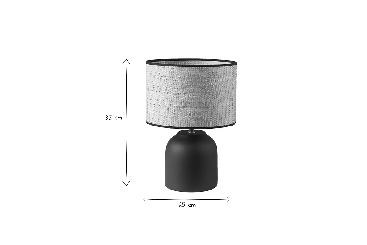 Tischleuchte aus matter Keramik in Schwarz mit Lampenschirm aus Bast H35 cm ROCHA