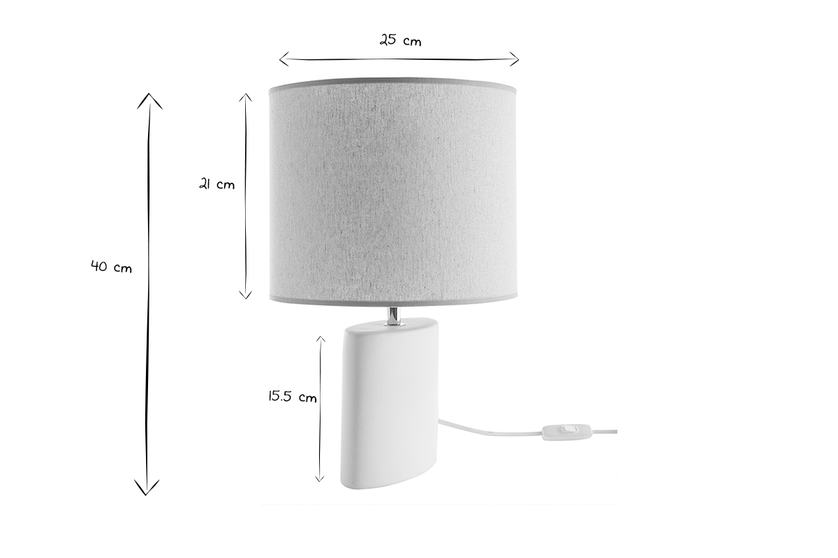Tischleuchte Keramik wei mit naturfarbenem Schirm aus Leinen TIGA
