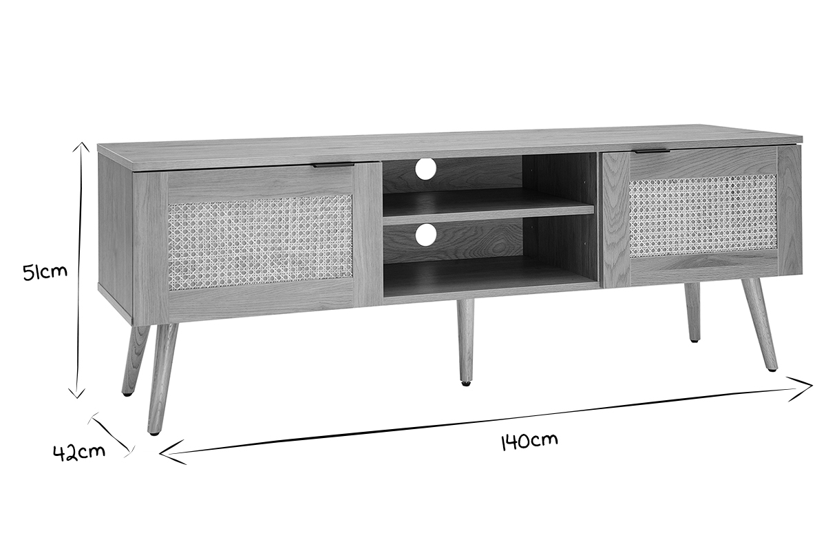 TV-Mbel aus hellem Holz, Rattangeflecht und schwarzem Metall L140cm MANILLE