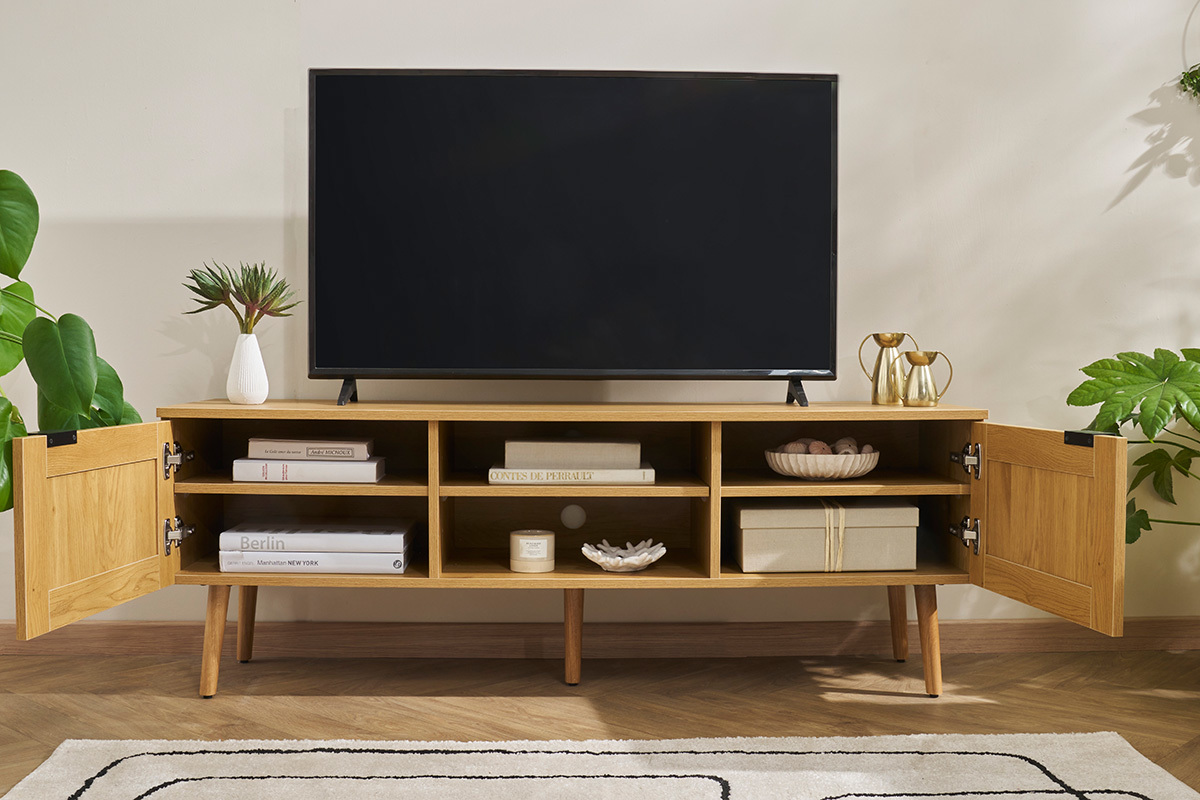 TV-Mbel aus hellem Holz, Rattangeflecht und schwarzem Metall L140cm MANILLE