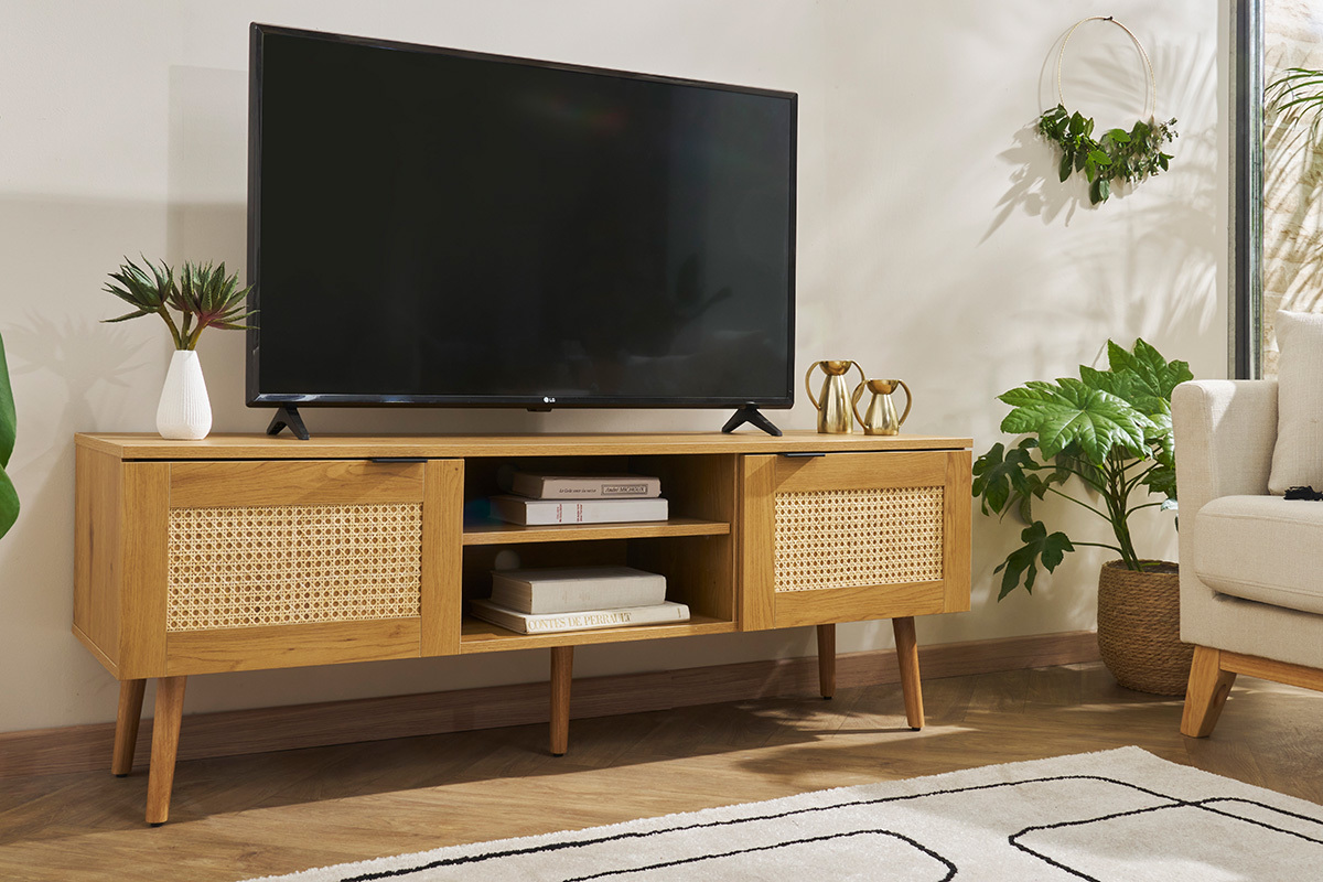 TV-Mbel aus hellem Holz, Rattangeflecht und schwarzem Metall L140cm MANILLE