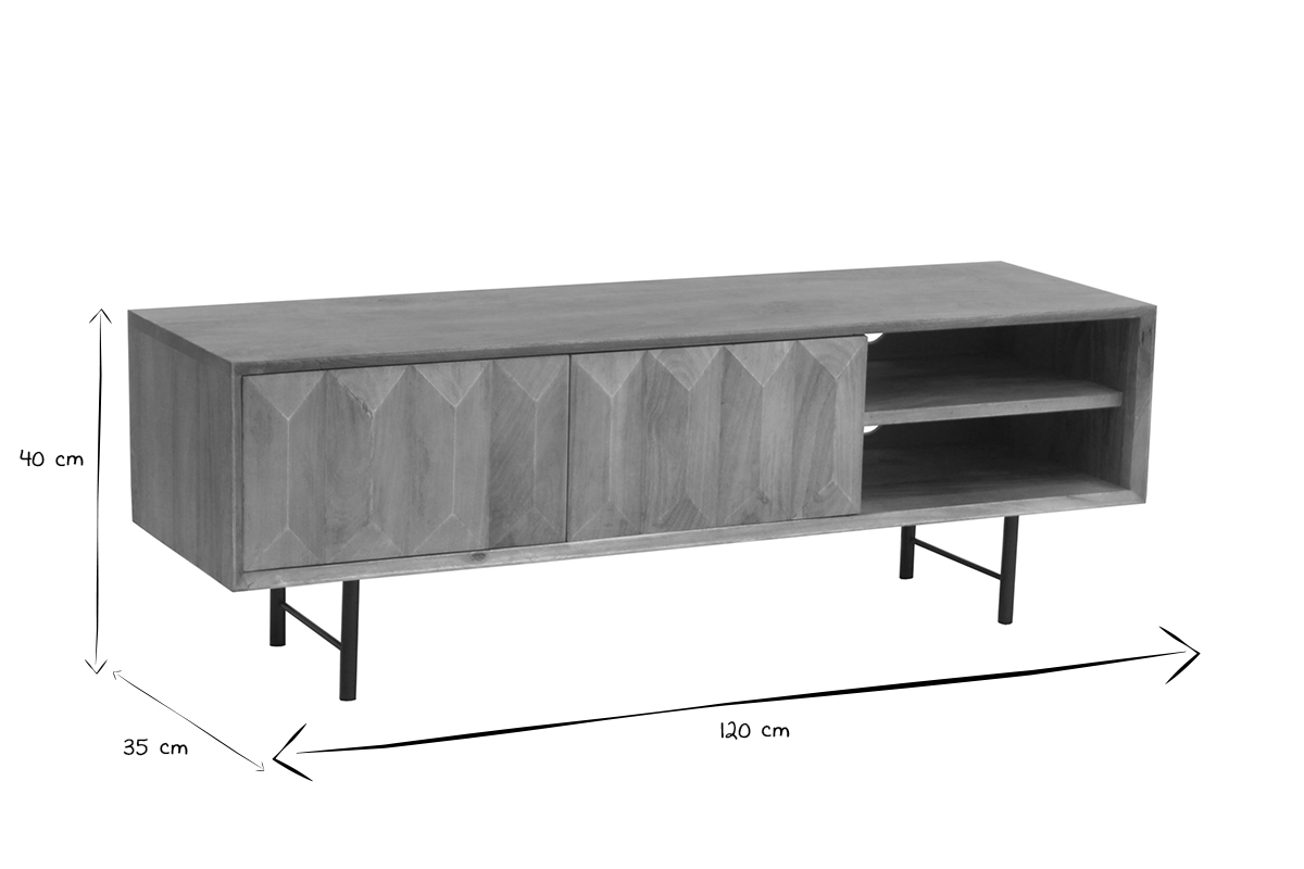 TV-Mbel aus hellem massivem Mangoholz mit Relief und schwarzem Metall B120 cm AGRA