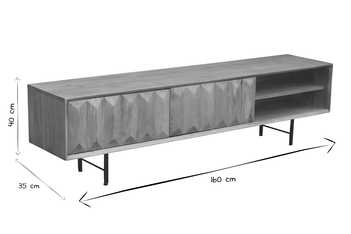 TV-Mbel aus hellem massivem Mangoholz mit Relief und schwarzem Metall B160 cm AGRA