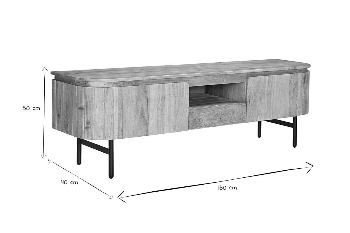 TV-Mbel mit Ablagefchern aus Massivholz und schwarzem Metall B160 cm NAPOLI